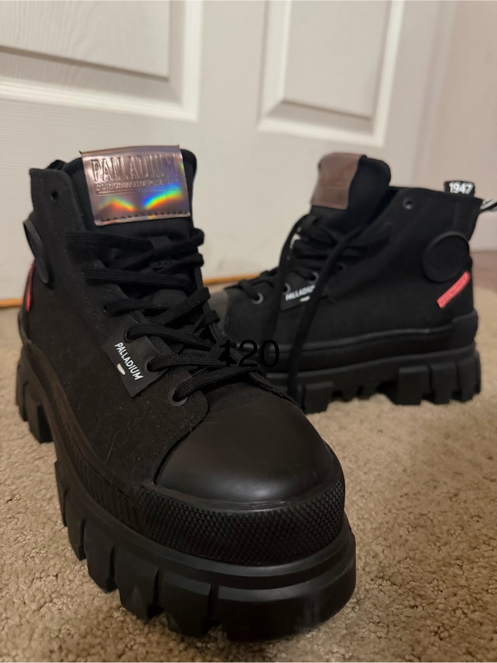 Palladium Black High-Top Lug Sole Boots with Iridescent Tongue